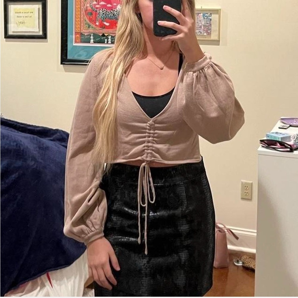 Princess Polly Brown Scrunch Front Long Sleeve Cropped Top Womens S/M